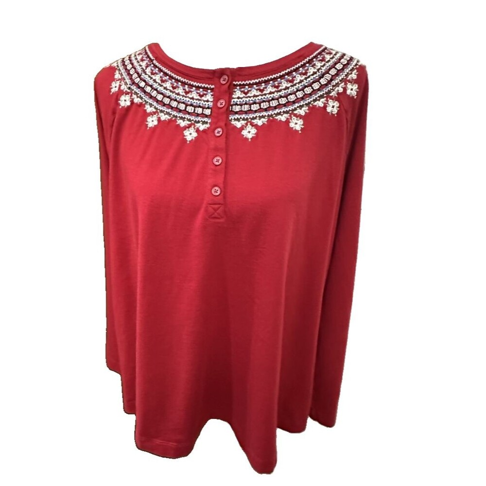 J JILL NORDIC EMBROIDERED HENLEY RED COTTON MODAL LONG SLEEVE SIZE XL